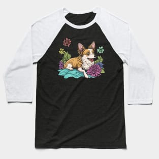 Cute Corgi Dog with Flowers in Summer Time Baseball T-Shirt